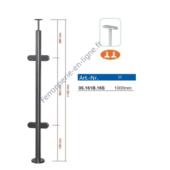 Poteau inox avec ancrage au sol, tube rond, rosace de couverture, 4 pinces à verre et support de main courante (AISI 316)
