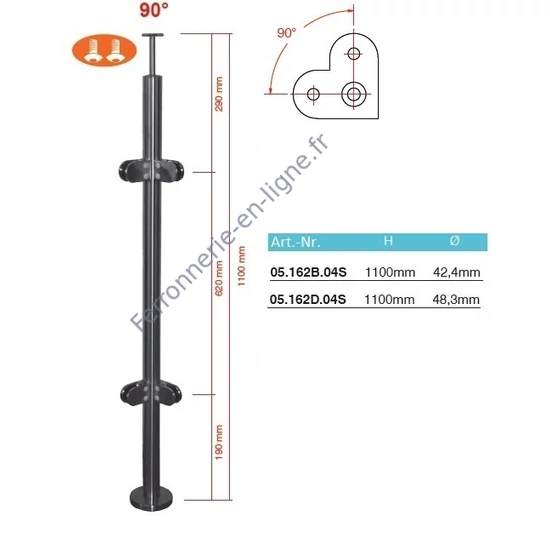Poteau inox avec ancrage au sol, tube rond, rosace de couverture, 4 pinces à verre et support de main courante (AISI 304), différentes dimensions