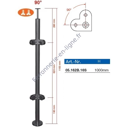 Poteau inox avec ancrage au sol, tube rond, rosace de couverture, 4 pinces à verre et support de main courante (AISI 316)