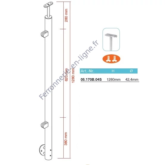 Poteau inox avec ancrage mural, tube rond, 2 pinces à verre et support de main courante (AISI 304), différentes dimensions