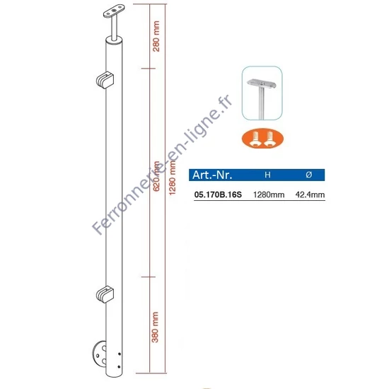 Poteau inox fin avec ancrage mural, tube rond, 2 pinces à verre et support de main courante (AISI 316)