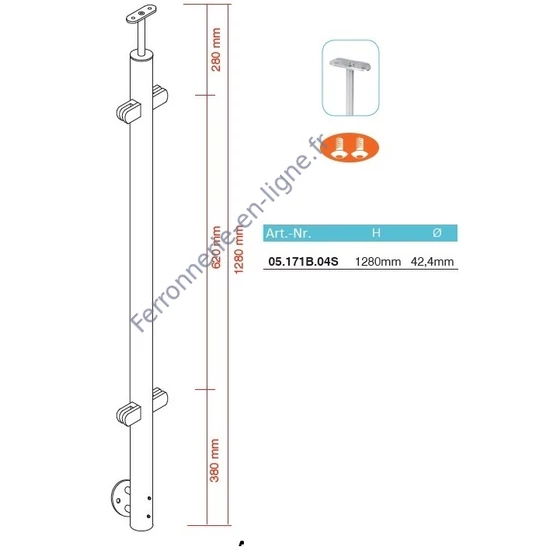 Poteau inox avec ancrage mural, tube rond, 4 pinces à verre et support de main courante (AISI 304), différentes dimensions