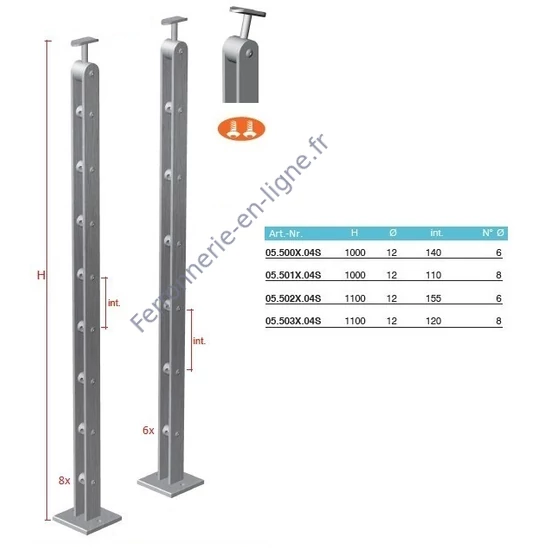 Poteau inox avec ancrage au sol, supports de barre traversante intérieure (Ø12) et support de main courante articulé, acier inoxydable (AISI 304), différentes dimensions