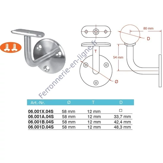 Support de main courante pour tube rond et carré, inox (AISI 304), différentes dimensions