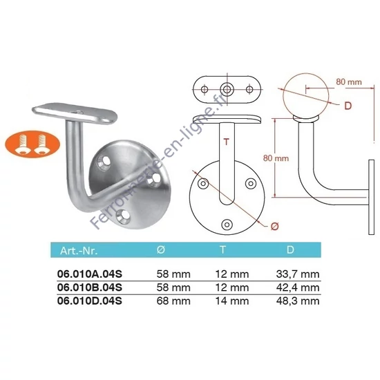 Support de main courante pour tube rond, inox (AISI 304), différentes dimensions