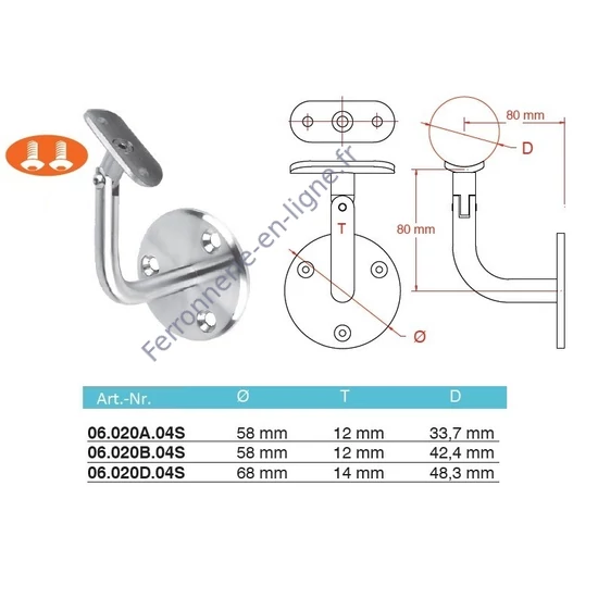 Support de main courante pour tube rond, articulé, inox (AISI 304), différentes dimensions