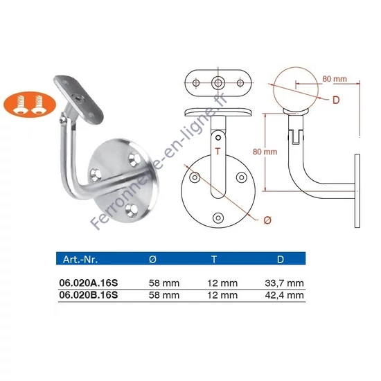 Support de main courante pour tube rond, articulé, inox (AISI 316), différentes dimensions