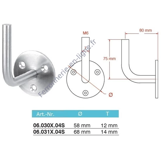 Support de main courante avec filetage intérieur M6, inox (AISI 304)