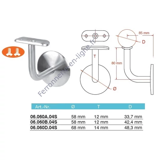 Support de main courante pour tube rond, inox (AISI 304), différentes dimensions