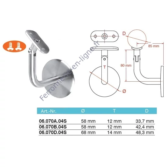 Support de main courante pour tube rond, articulé, inox (AISI 304), différentes dimensions