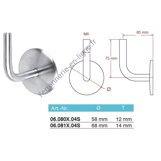 Support de main courante avec filetage intérieur M6, inox (AISI 304)