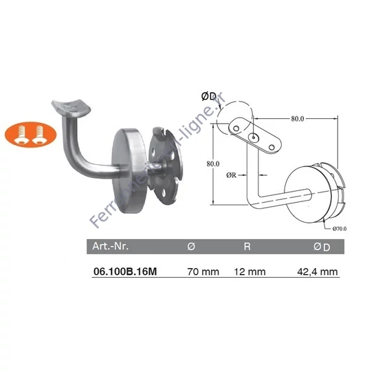Support de main courante pour tube rond avec rosace de recouvrement, inox (AISI 316), poli miroir