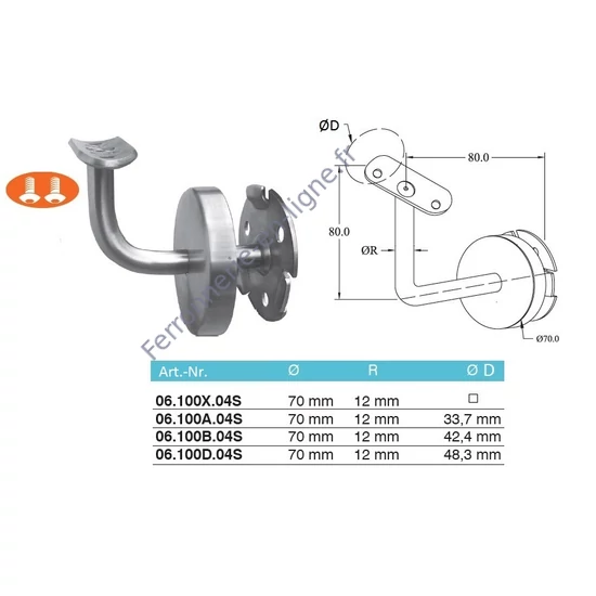 Support de main courante pour tubes ronds et carrés avec rosace de couverture, inox (AISI 304), différentes dimensions