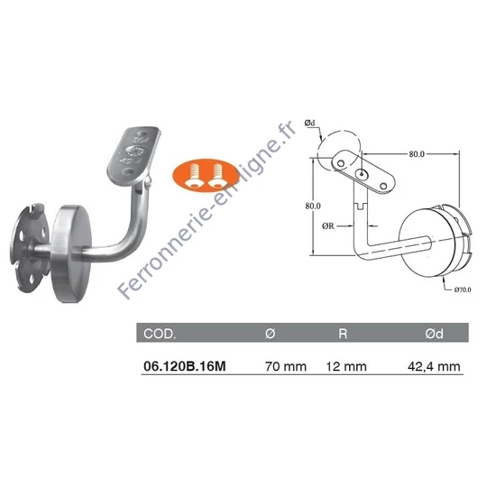Support de main courante pour tube rond, articulé, avec rosace de couverture, inox (AISI 316), poli miroir
