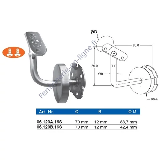 Support de main courante pour tube rond, articulé, avec rosace de couverture, inox (AISI 316), différentes dimensions