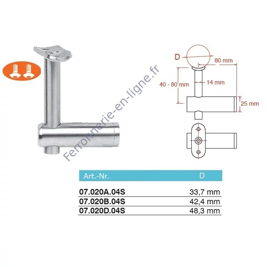 Support de main courante pour tube rond, fixable sur tube carré, réglable en hauteur, inox (AISI 304), différentes dimensions