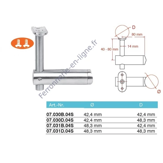 Support de main courante pour tube rond, à fixer sur tube rond, réglable en hauteur, inox (AISI 304), différentes dimensions