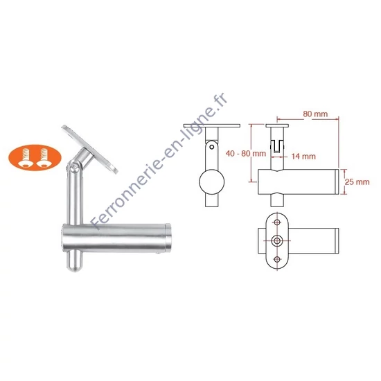 Support de main courante pour tube carré, à fixer sur tube carré, réglable en hauteur, articulé, inox (AISI 304)