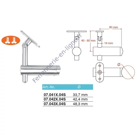 Support de main courante pour tube carré, à fixer sur tube rond, réglable en hauteur, articulé, inox (AISI 304), différentes dimensions
