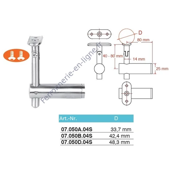 Support de main courante pour tube rond, à fixer sur tube carré, réglable en hauteur, articulé, inox (AISI 304), différentes dimensions