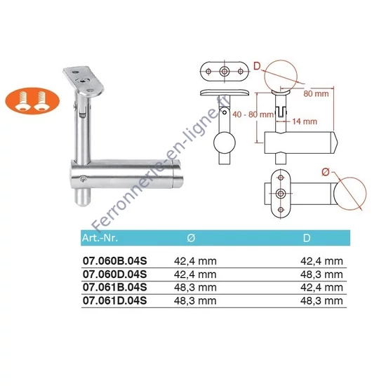 Support de main courante pour tube rond, à fixer sur tube rond, réglable en hauteur, articulé, inox (AISI 304), différentes dimensions