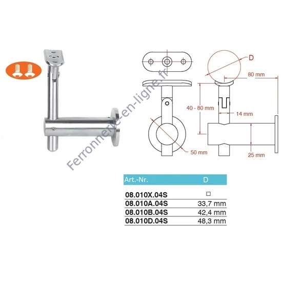 Support de main courante pour tube rond et carré, à fixer sur tube carré, articulé, réglable en hauteur, inox (AISI 304), différentes dimensions