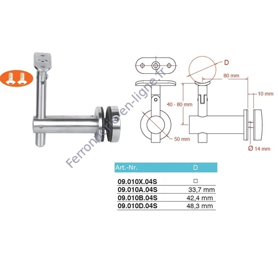 Support de main courante pour tubes ronds et carrés, à fixer sur du verre ou du bois, articulé, réglable en hauteur, inox (AISI 304), différentes dimensions