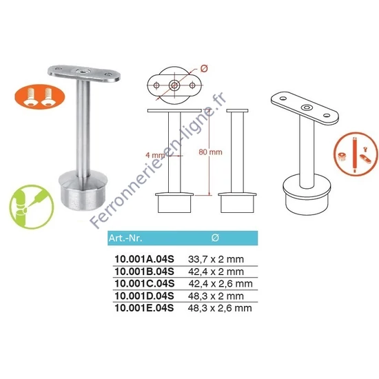 Support de main courante pour tube carré, pour tube rond, inox (AISI 304), différentes dimensions