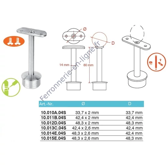 Support de main courante rond, pour tube rond, inox (AISI 304), différentes dimensions
