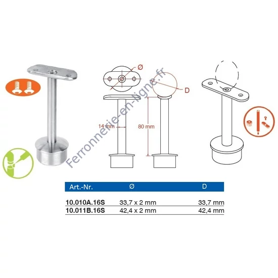 Support de main courante rond, pour tube rond, inox (AISI 316), différentes dimensions