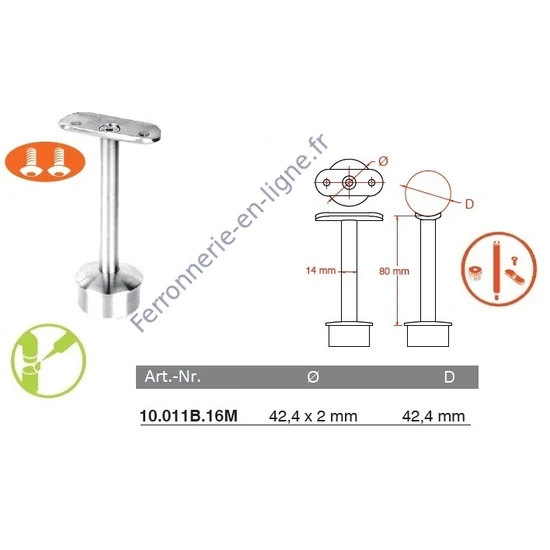 Support de main courante rond, pour tube rond, inox (AISI 316), différentes dimensions
