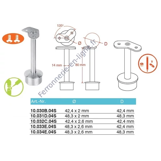 Support de main courante rond, pour tube rond, avec plaque de support 135°, inox (AISI 304), différentes dimensions