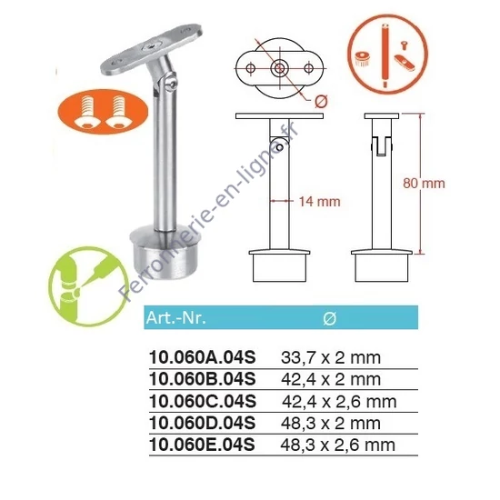 Support de main courante pour tube carré, pour tube rond, articulé, inox (AISI 304), différentes dimensions