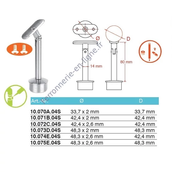 Support de main courante rond, pour tube rond, articulé, inox (AISI 304), différentes dimensions