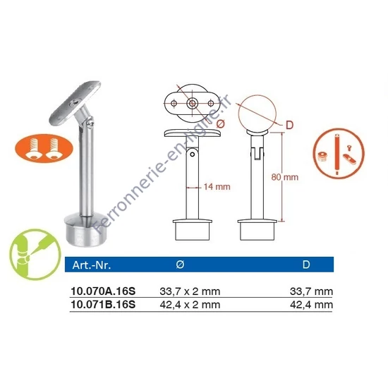 Support de main courante rond, pour tube rond, articulé, inox (AISI 316), différentes dimensions