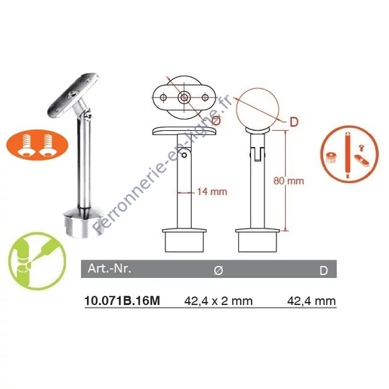 Support de main courante rond, pour tube rond, avec articulation, inox (AISI 316), poli miroir