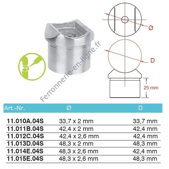 Support de main courante et connecteur pour tube rond, pour tube rond, inox (AISI 304), différentes dimensions