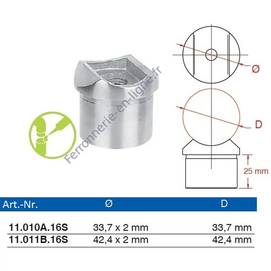 Support de main courante et connecteur pour tube rond, pour tube rond, inox (AISI 316), différentes dimensions