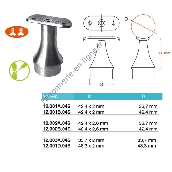 Support de main courante rond, pour tube rond, inox (AISI 304), différentes dimensions