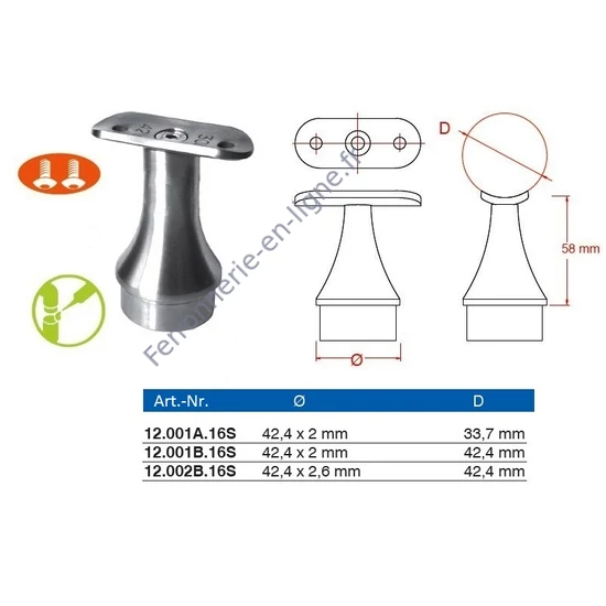 Support de main courante rond, pour tube rond, inox (AISI 316), différentes dimensions