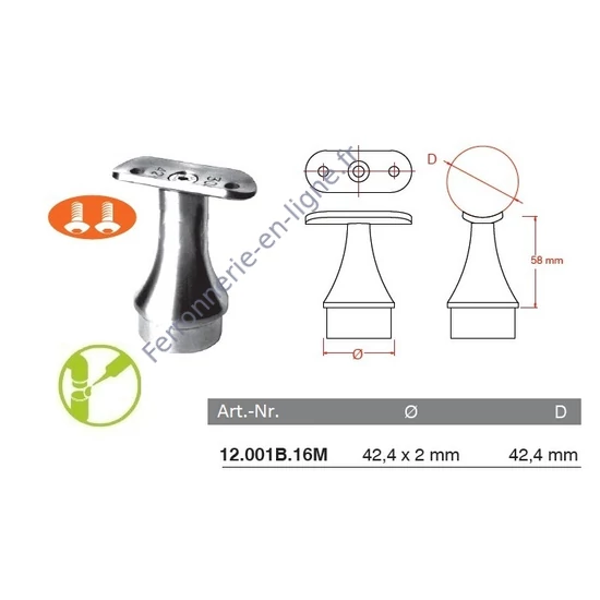 Support de main courante rond, pour tube rond, inox (AISI 316), différentes dimensions