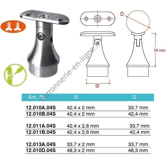 Support de main courante rond, pour tube rond, articulé, inox (AISI 304), différentes dimensions