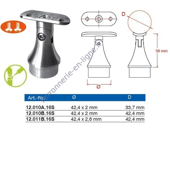 Support de main courante rond, pour tube rond, articulé, inox (AISI 316), différentes dimensions