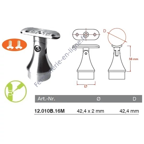 Support de main courante rond, pour tube rond, avec articulation, inox (AISI 316), poli miroir