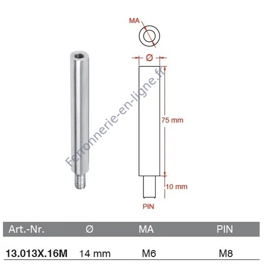 Pivot inox (AISI 316), poli miroir