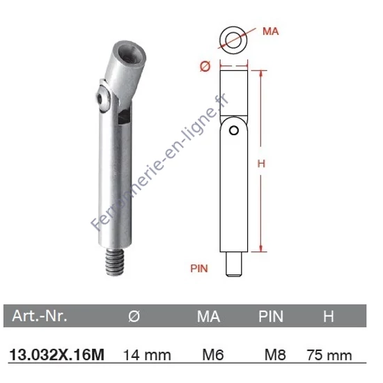 Pivot articulé inox (AISI 316), poli miroir