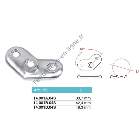 Plaque de support 135° pour tube rond, inox (AISI 304), différentes dimensions