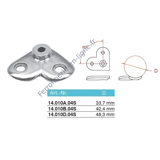 Plaque de support 90° pour tube rond, inox (AISI 304), différentes dimensions