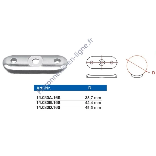 Plaque de support pour tube rond, inox (AISI 316), différentes dimensions