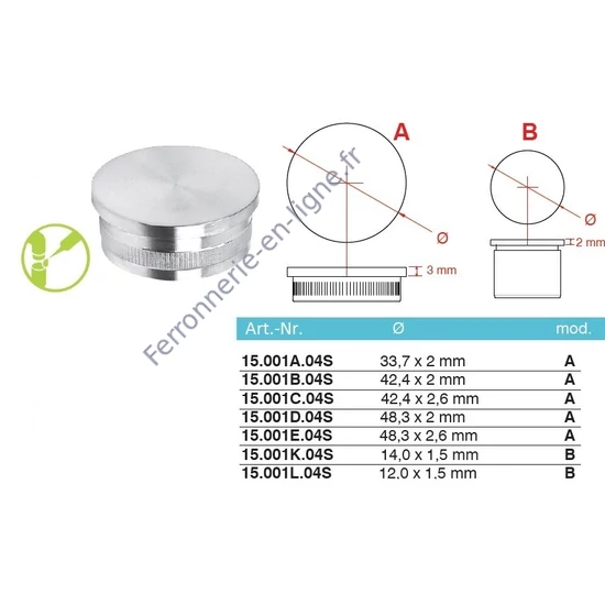 Embout plat pour tube rond, inox (AISI 304), différentes dimensions
